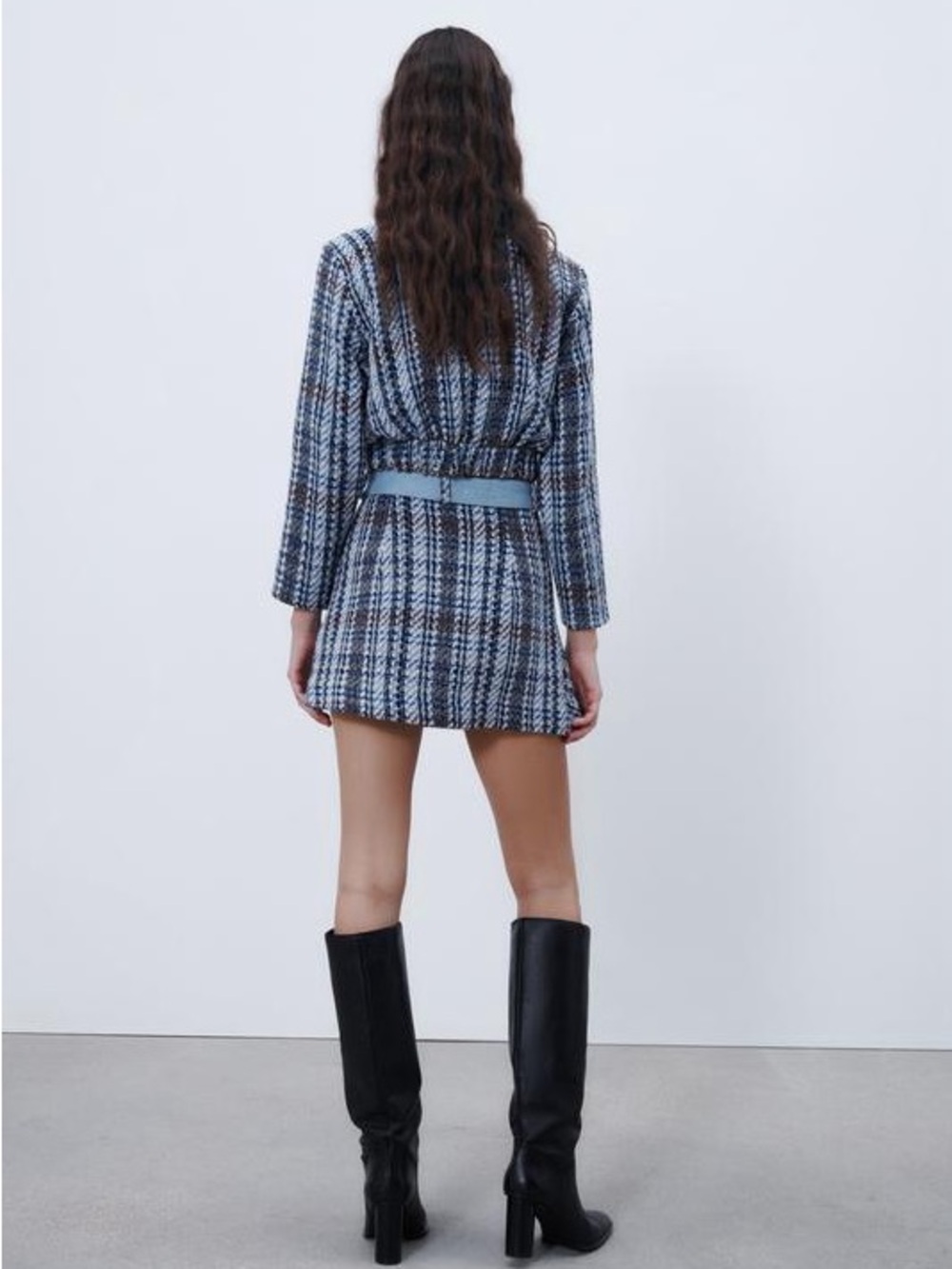 Zara Blue Tweed Plaid Mini Skirt Denim Belt Preppy Academia Chic - Picture 2 of 2
